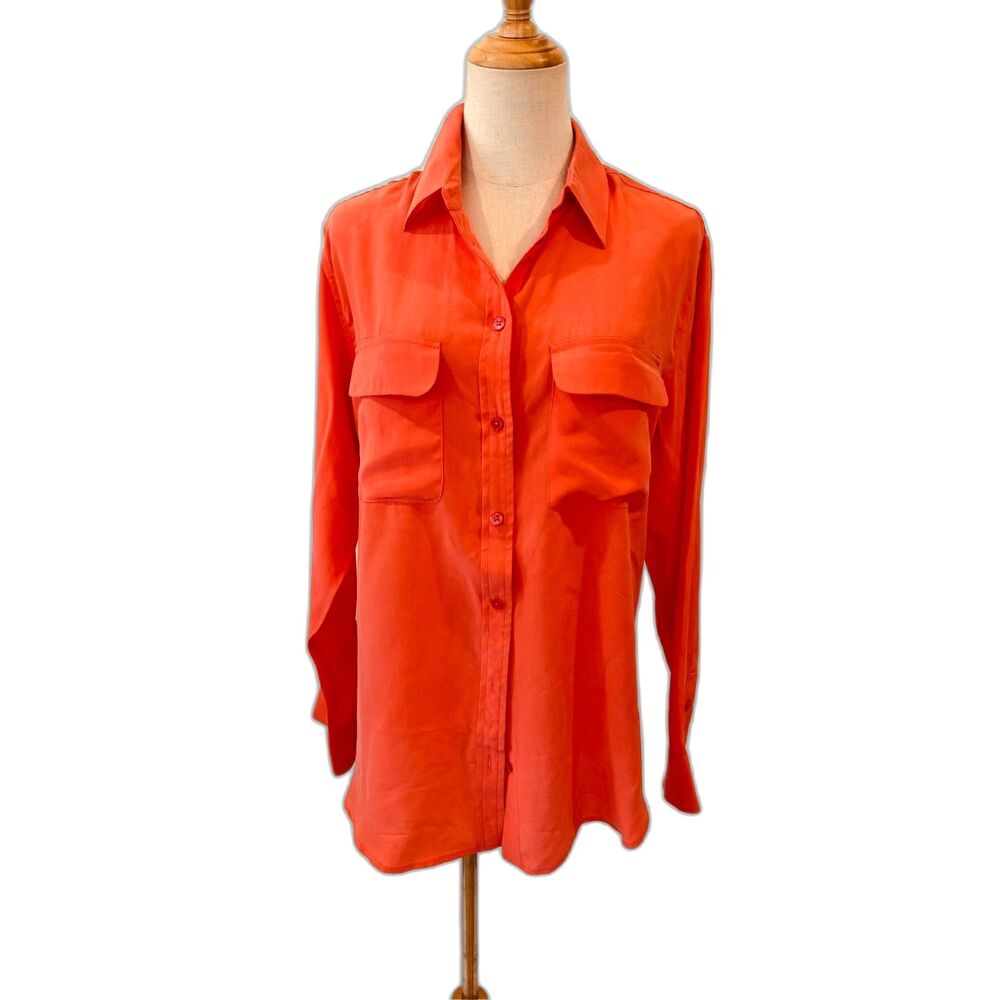 Equipment Femme Signature Silk Blouse Neon Orange Size M Q23-E035 100% Silk